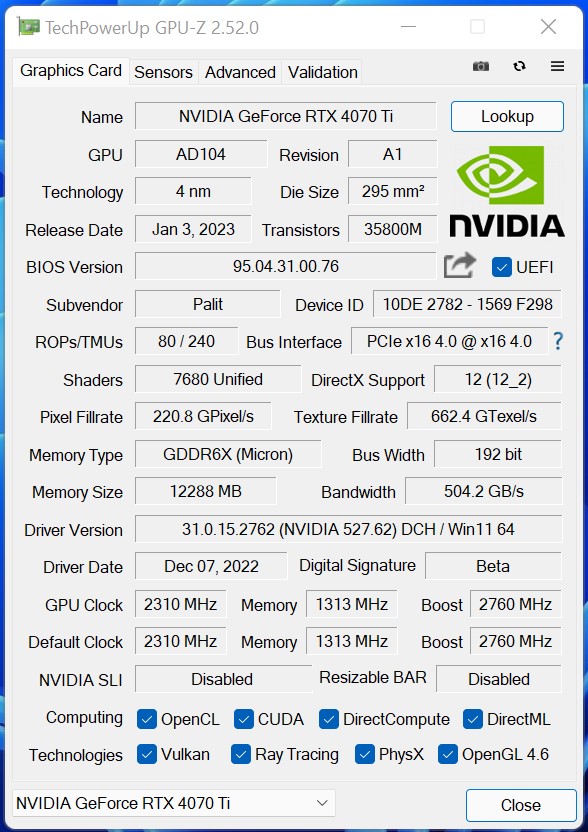 Test Palit GeForce RTX 4070 Ti GamingPro OC